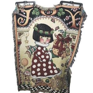 Vintage Mary Engelbreit Joy You Christmas Woven Tapestry Throw Blanket Fringe